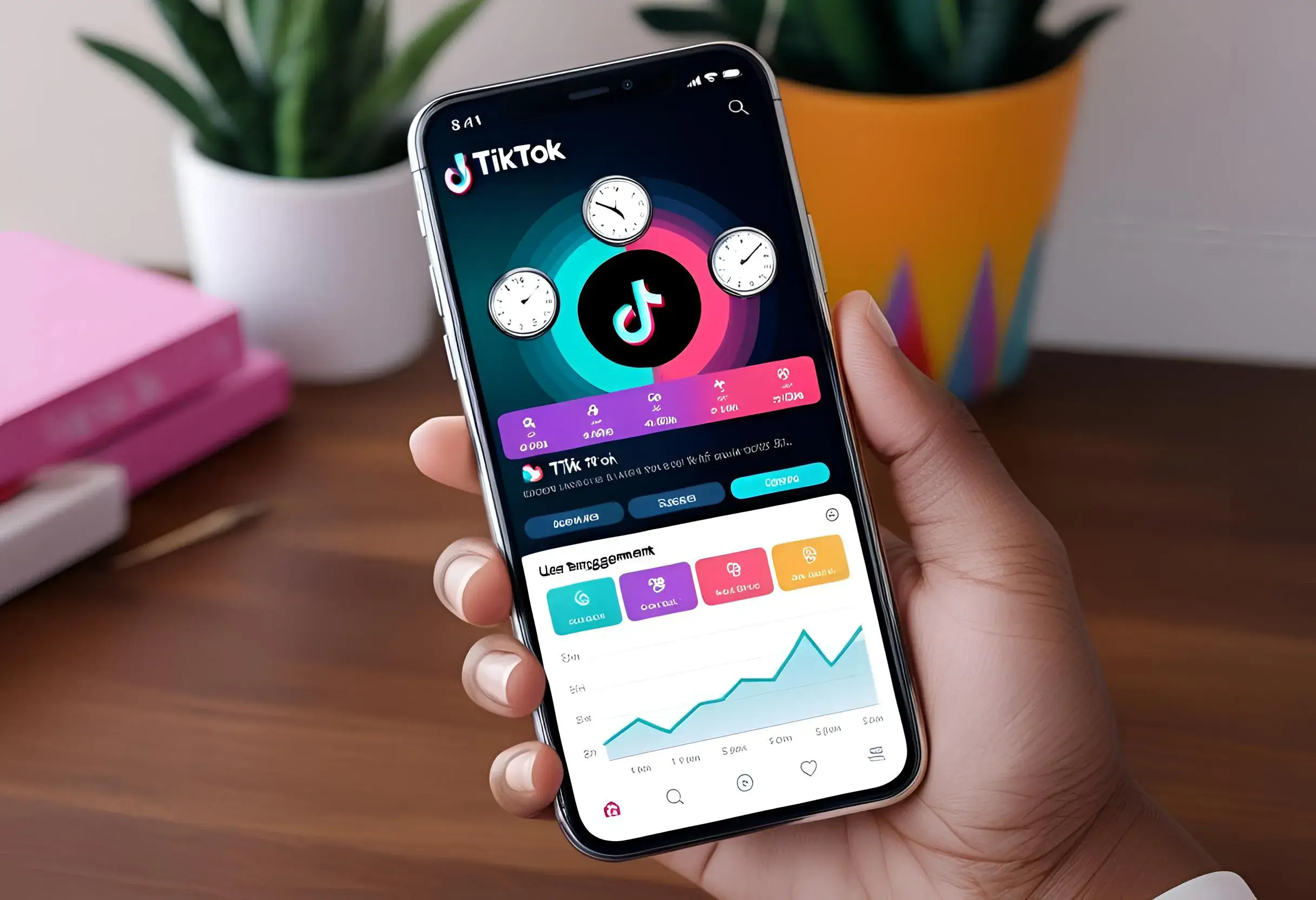 TikTok app on smartphone with clock icons representing best posting times